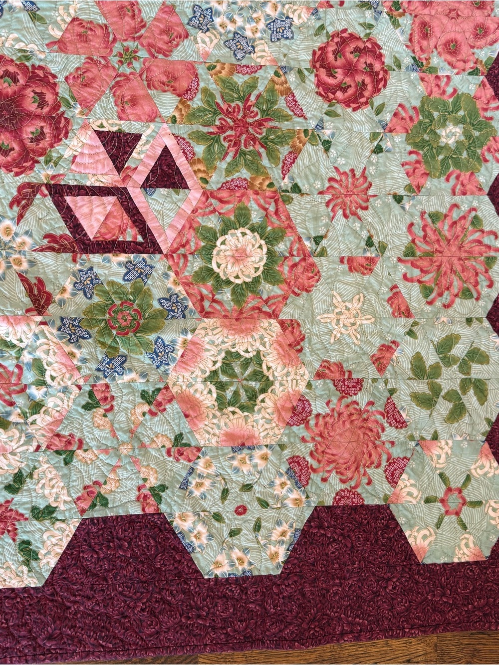 Handmade Floral Hexagon Quilt - Burgundy Border, Multicolor Center - Picture 5 of 12